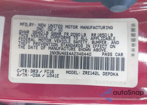 2010 Toyota Corolla Le z USA, uszkodzony, nr VIN 1NXBU4EE4AZ346440